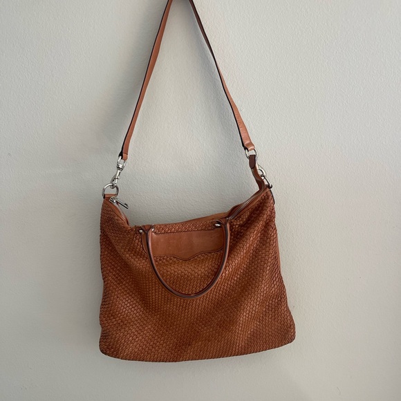 Rebecca Minkoff Bonnie Box Woven Almond Brown Leather Satchel Shoulder Bag - Picture 3 of 15